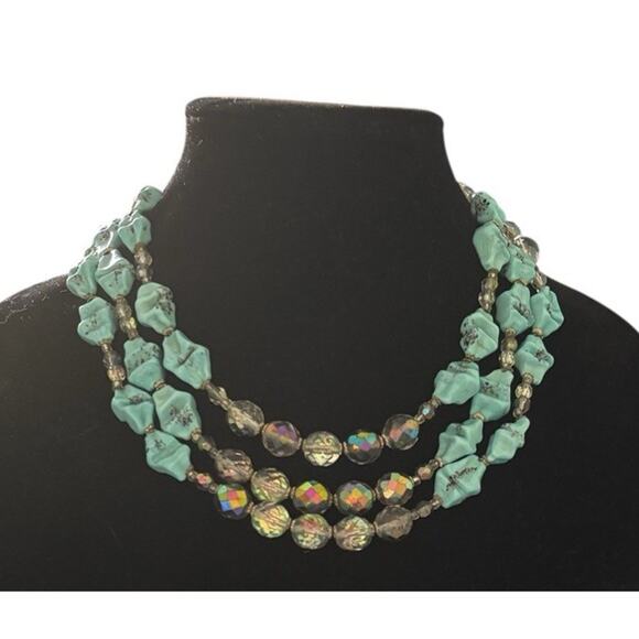 Antique Art Deco Faux Turquoise Glass AB Faceted Triple Strand Necklace RARE - Picture 1 of 11